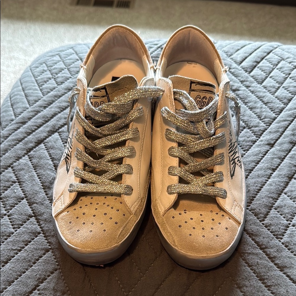 Golden Goose Cream and Gray Sneakers with Silver Laces - Picture 3 of 5